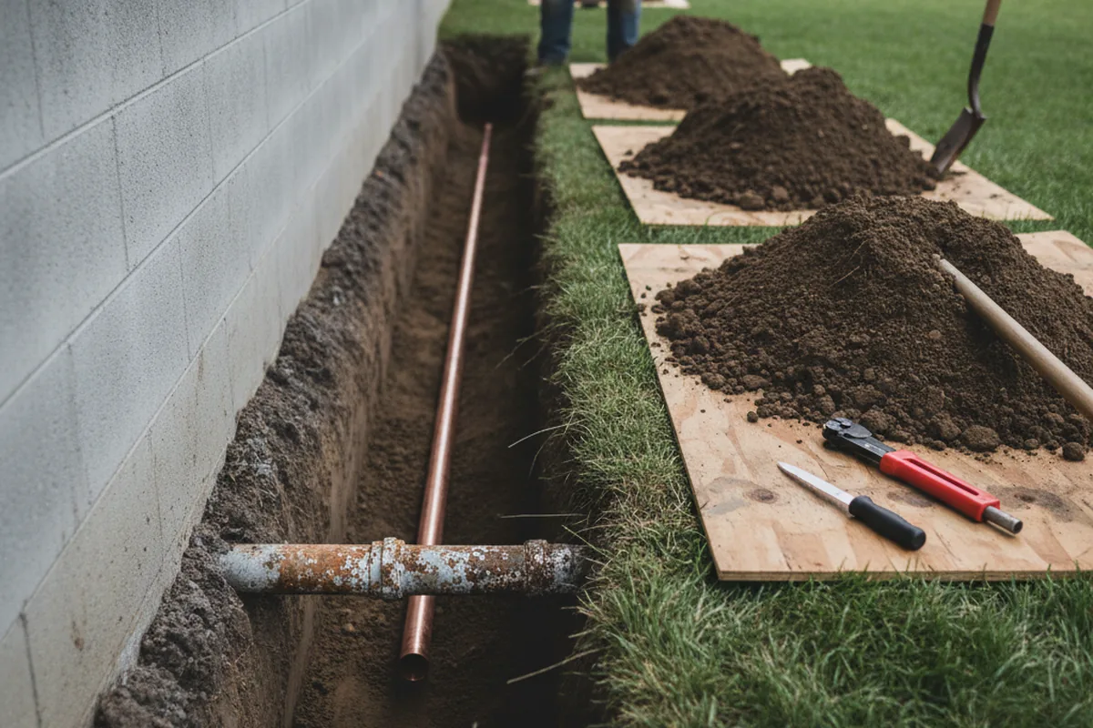 Excavated water line trench during Sewer Line Repair in Mulvane
